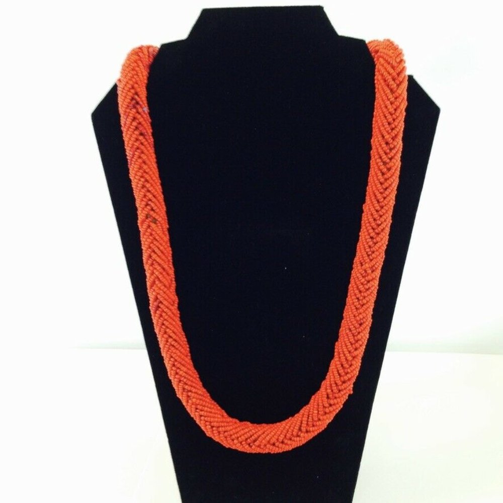 African Red Glass Seed Bead Hand Woven Multi Strand Necklace 30 inch Vintage